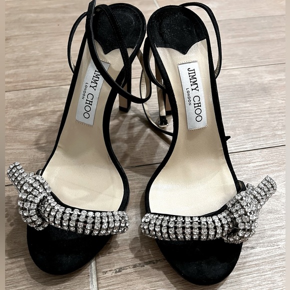 JIMMY CHOOThyra 100 crystal-embellished black suede sandals